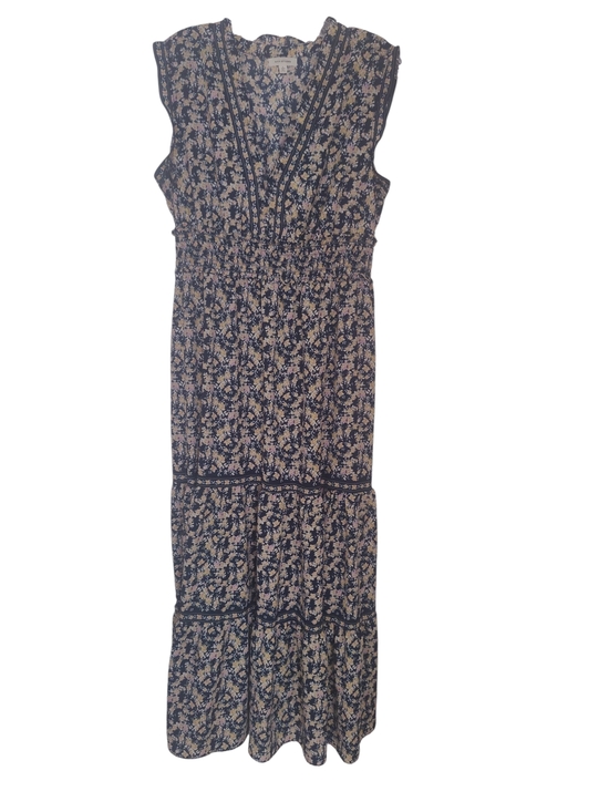 Max Studio Sleeveless 3 Tiered Blue Floral Maxi Dress with Smocked Waist